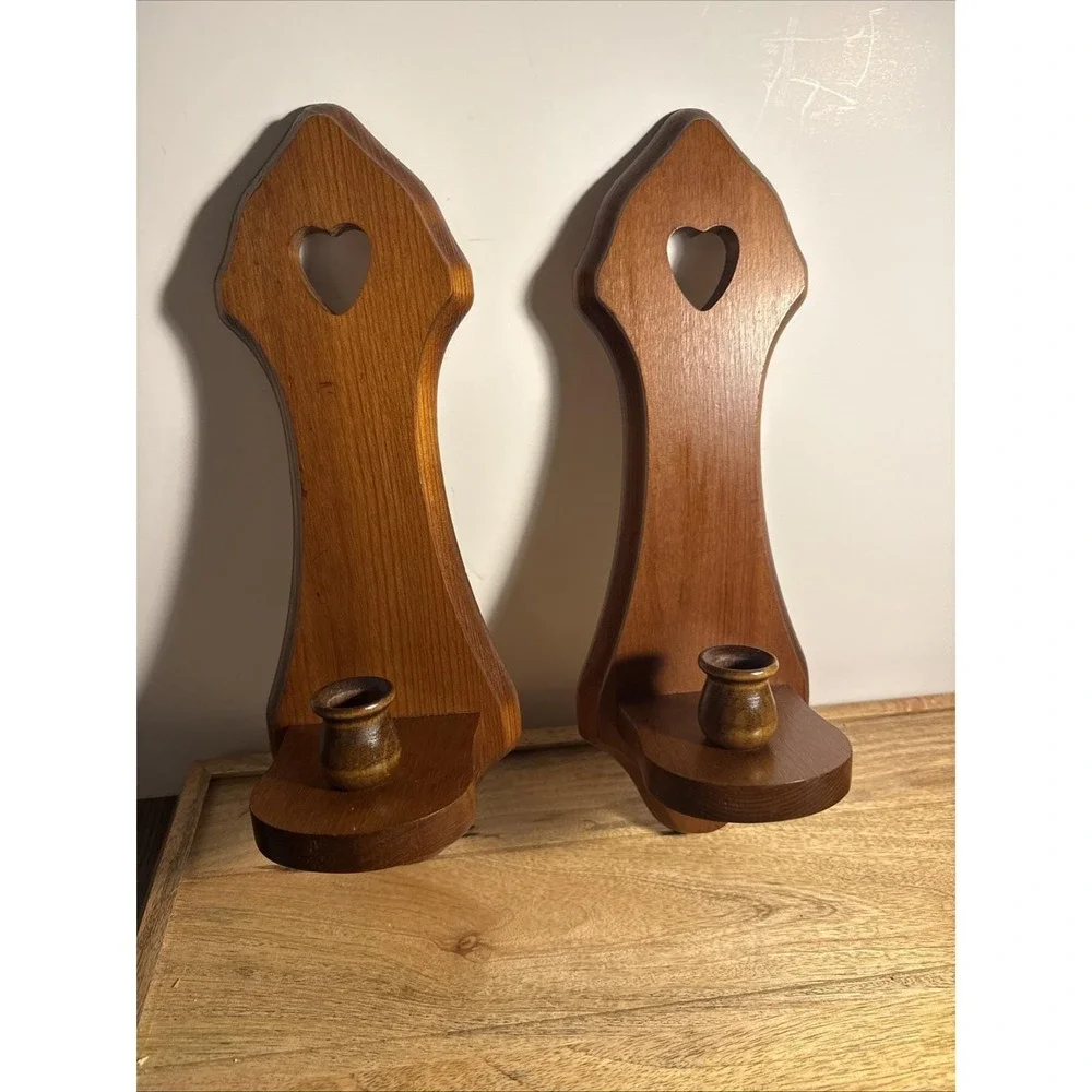 Vintage Wooden Heart Cutout Wooden Wall Scounce/taper Holder, Cottage Core Set 2